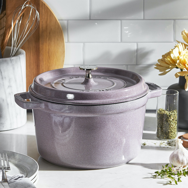 Staub Cast Iron Round 5 Qt., Tall Cocotte - Lilac - lifestyle