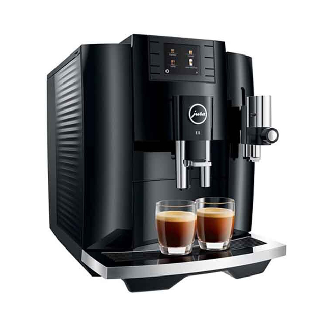 Jura E8 Automatic Coffee Center - Piano Black - Left quarter view