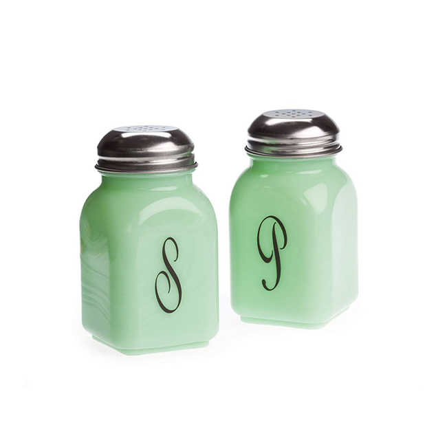 Mosser Glass Jadeite Salt & Pepper Shakers w/Monogram