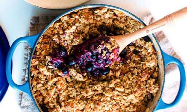 Blueberry Nectarine Crisp in a Le Creuset Sauteuse