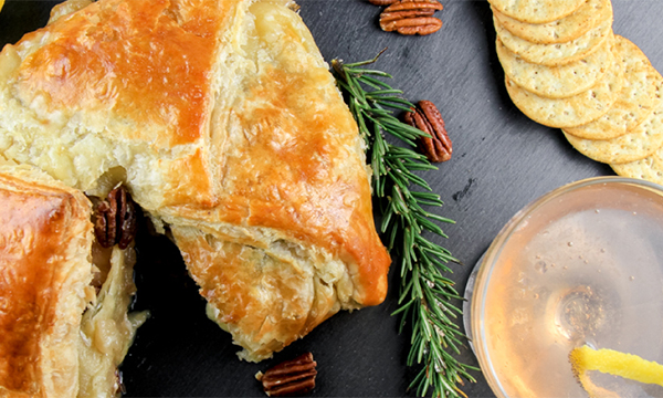 Baked Brie with Caramelized Pears and Walnuts and a Blushing French 75