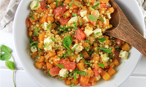 Roasted Golden Beet Salad with Grapefruit, Pearl Couscous, Mint and a Honey-Lemon Vinaigrette