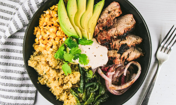 Grilled Pork Tenderloin Bowls with Quinoa, Grilled Corn, Poblanos, Avocado and Spicy Lime Crema