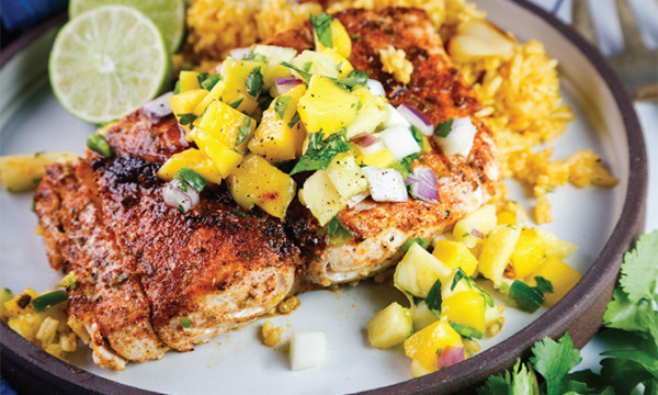 Grilled Mahi-Mahi with Pineapple-Mango Salsa & Roasted Garlic Rice