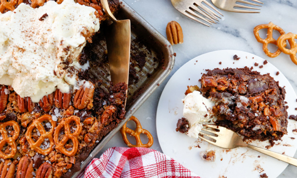 Chocolate, Pecan, and Pretzel Slab Pie with Vanilla Whipped Cream