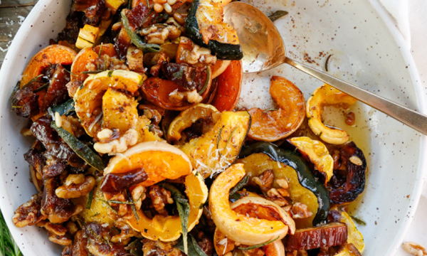 Roasted Brown Butter Squash with Nuts, Dates, and Crispy Herbs