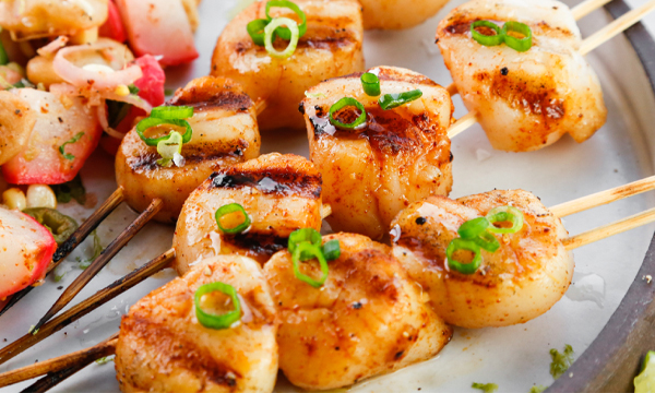 Spicy Grilled Scallops with a Corn, Bean, and Radish Salad