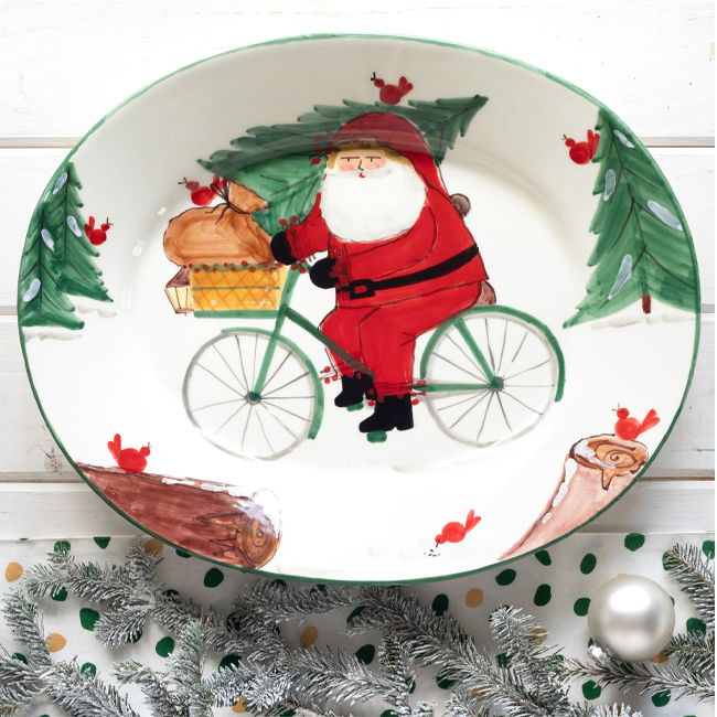 Vietri Old St. Nick Oval Platter with Bicycle	