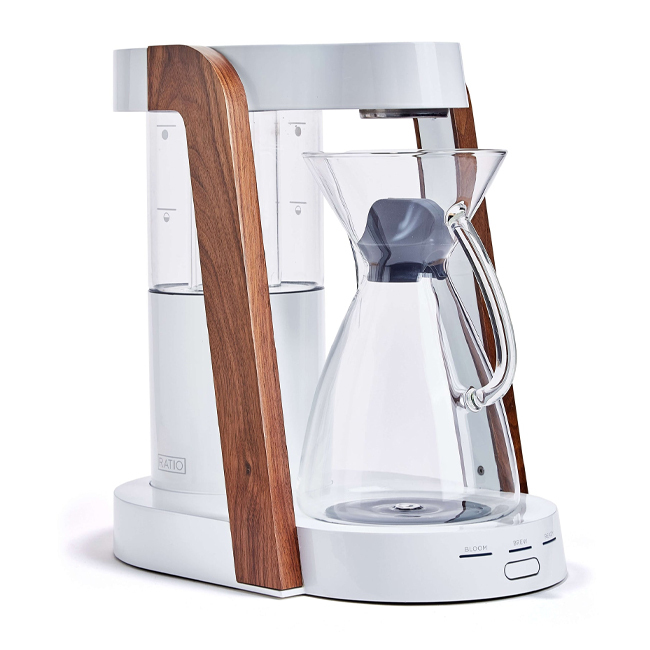 Ratio Eight Coffee Maker | White/Walnut 3/4 view