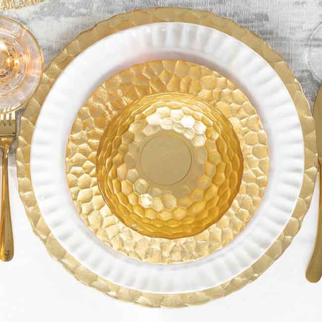 Vietri Rufolo Glass Gold Honeycomb Small Bowl in place setting